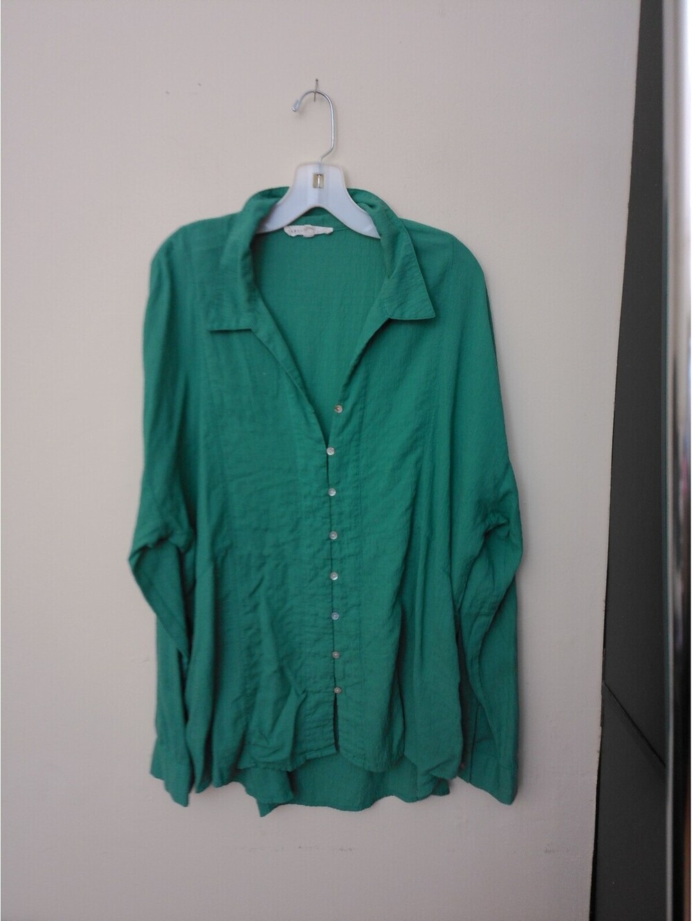 Jane +Delancey Button Down Shirt Womens Green Size L Crinkle Roll Tab Sleeve Top